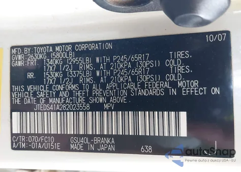 2008 Toyota Highlander из США, поврежденный, VIN JTEDS41A282023558